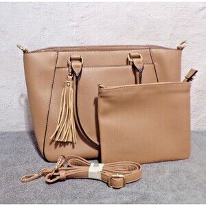 Bass Co. Vintage Pebble Leather Satchel with Sm Cosmetic Bag Lt Brown Adj Strap